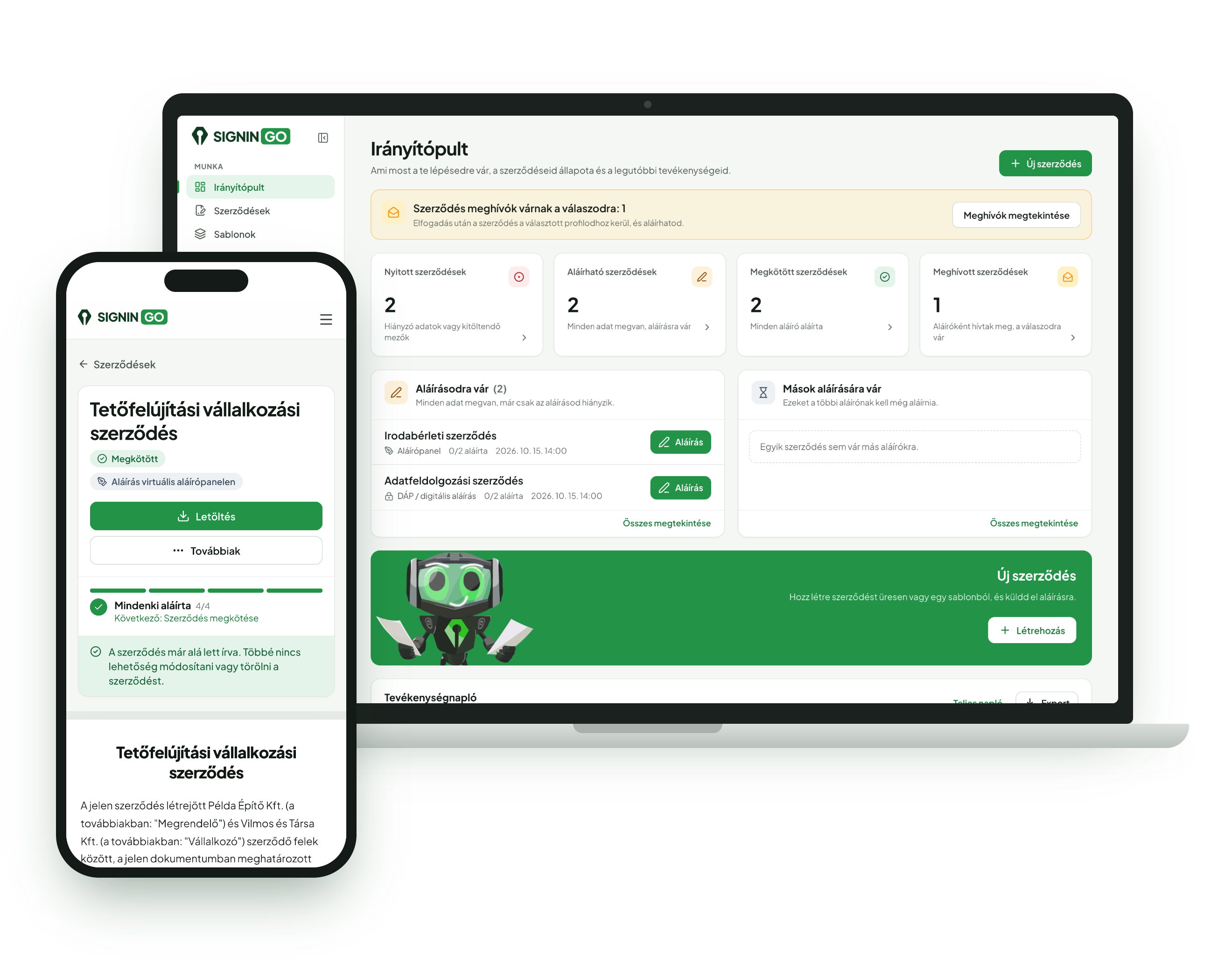 A Signingo felülete laptopon és telefonon